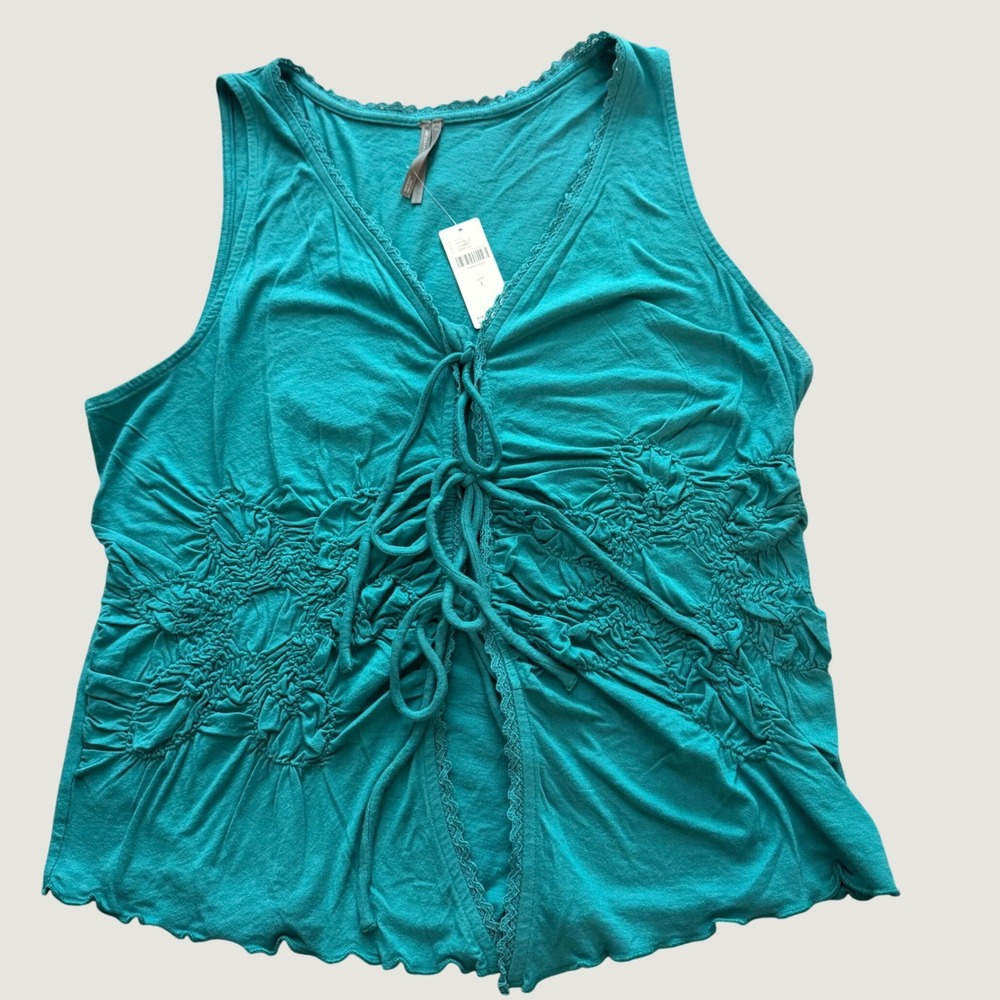 Anthropologie Smocked Tie Front Tank Top Large Boho Lace Trim Teal Green NEW